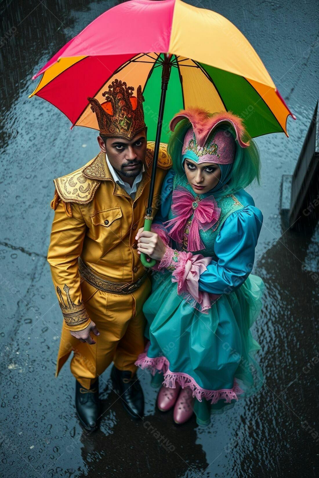 Casal fantasiado sob guarda-chuva colorido na chuva