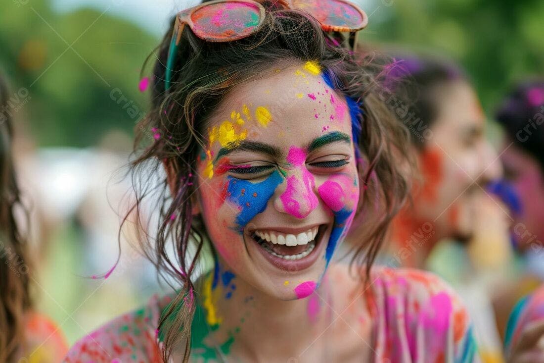 Mulher rindo com tinta colorida no rosto