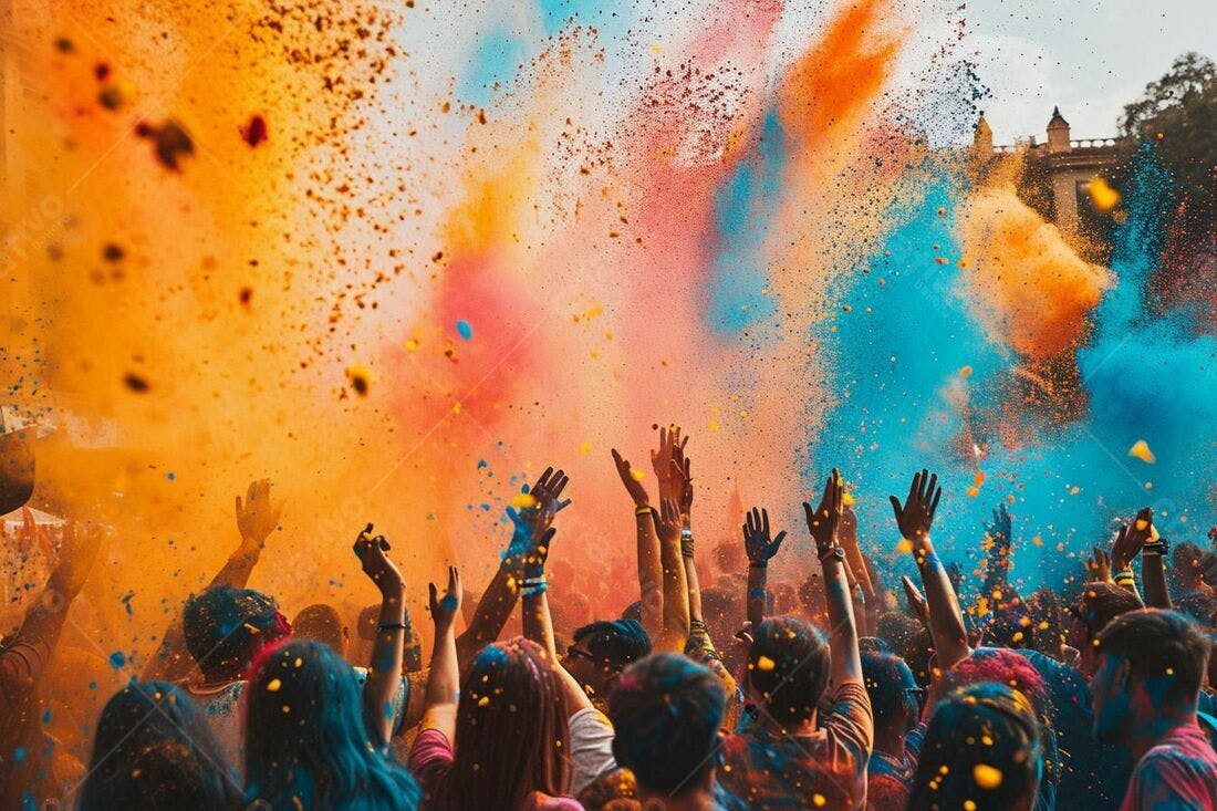 Festival Holi cores vibrantes multidão