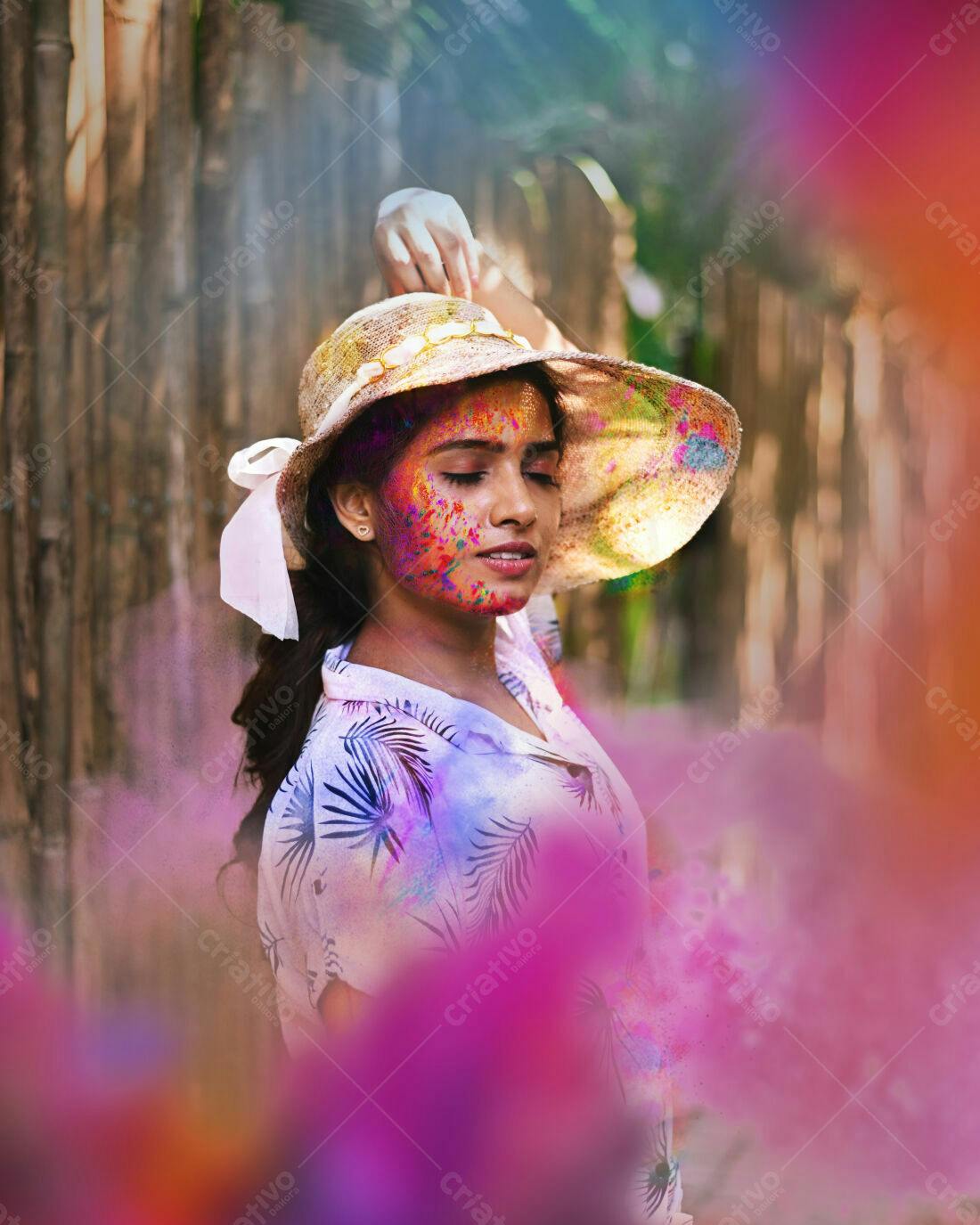 Mulher com pó colorido no rosto e chapéu