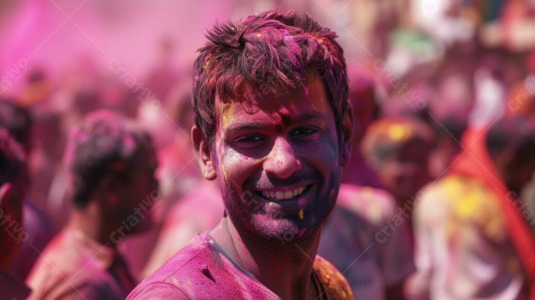 Homem sorridente coberto de pó colorido Holi