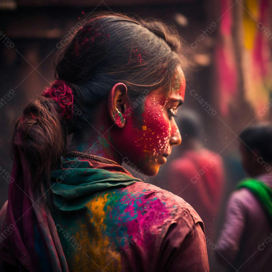 Menina coberta de pó colorido no Holi