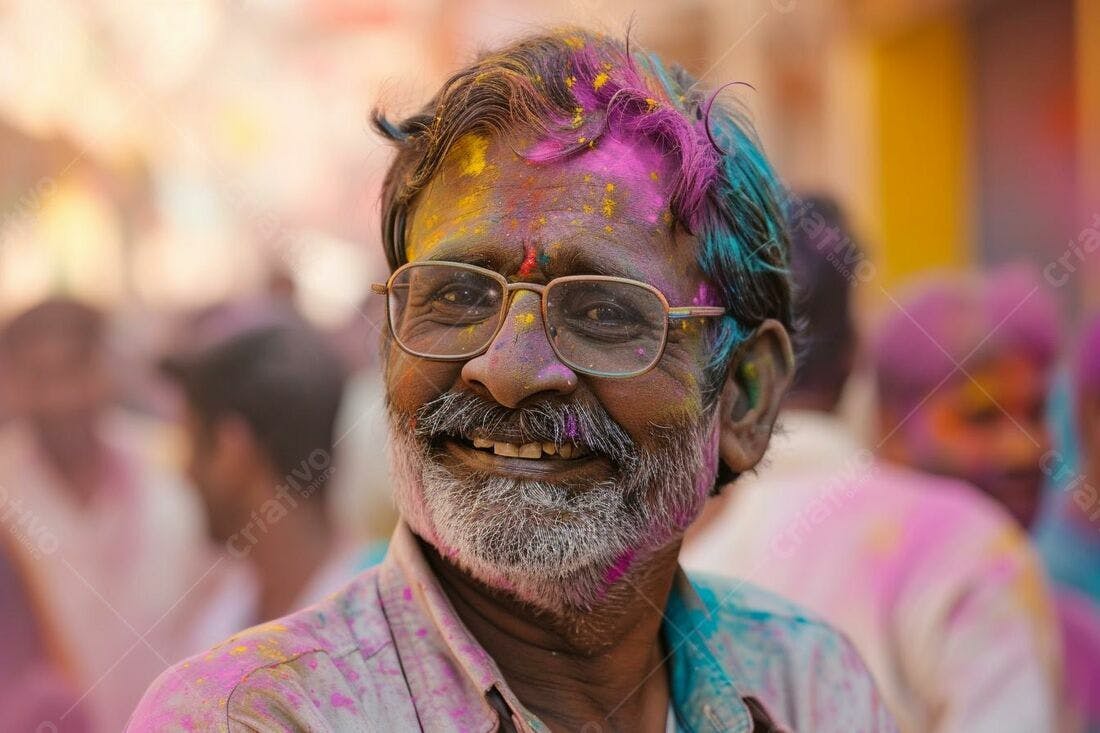 Homem sorridente coberto de pó colorido Holi