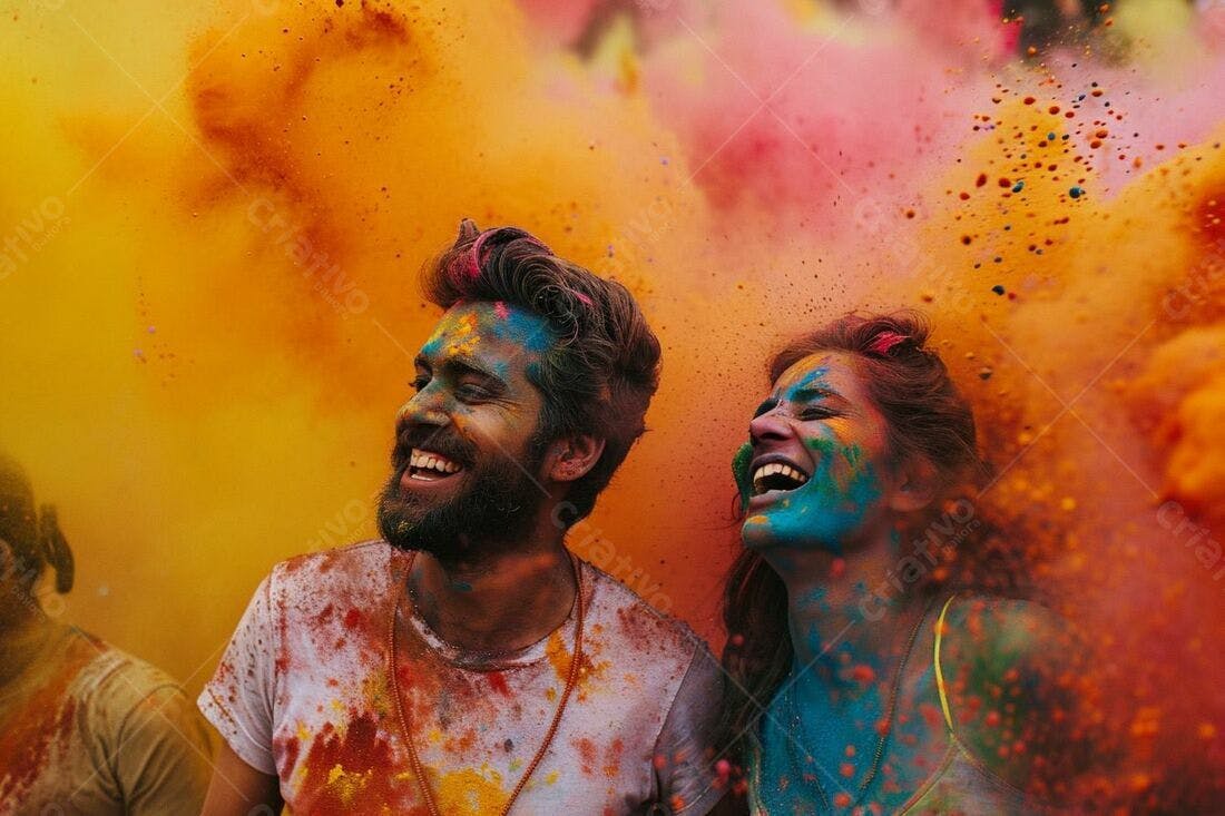Casal feliz coberto de pó colorido em festival