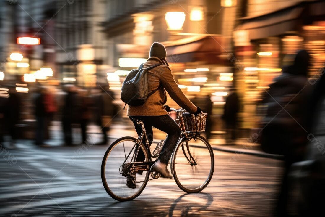 Ciclista noturno em rua iluminada