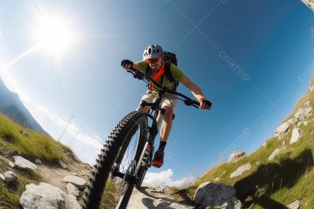 Ciclista descendo montanha ensolarada