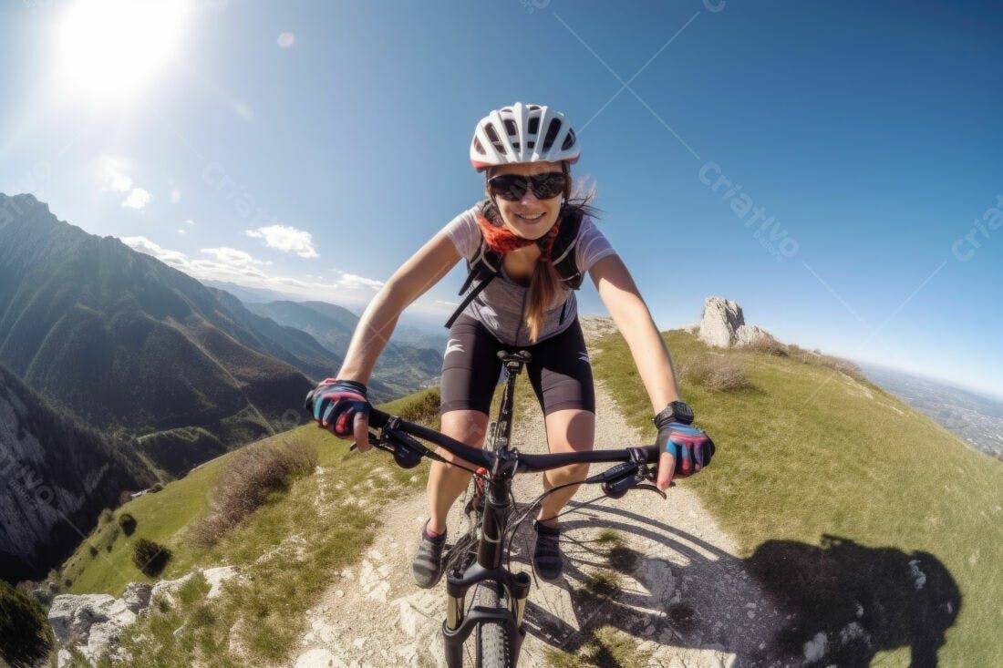 Ciclista sorrindo em trilha de montanha