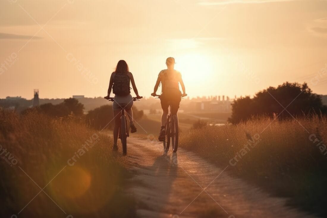 Amigas pedalando ao pôr do sol