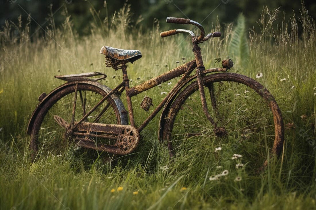 Bicicleta enferrujada em campo gramado