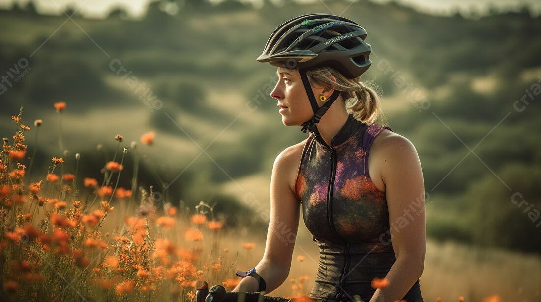 Ciclista descansando em campo florido ao entardecer