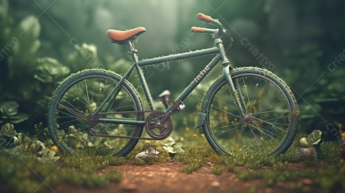 Bicicleta antiga coberta de musgo em floresta