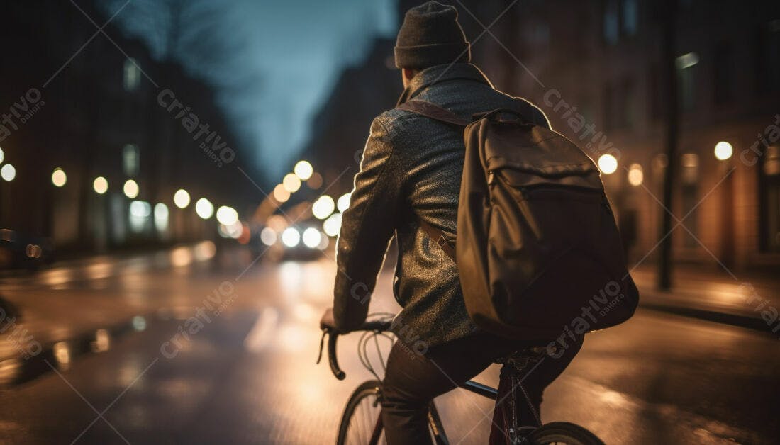 Ciclista noturno em rua iluminada