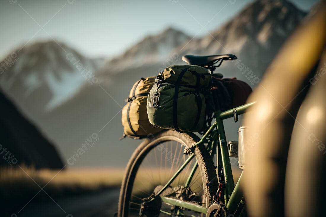 Bicicleta carregada em paisagem montanhosa