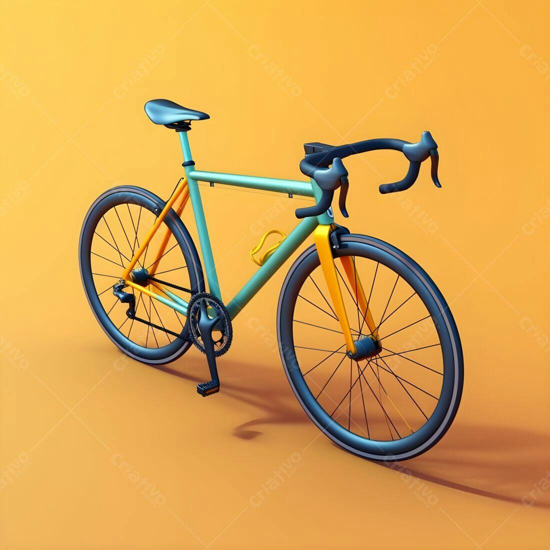 Bicicleta de corrida azul e amarela em fundo laranja