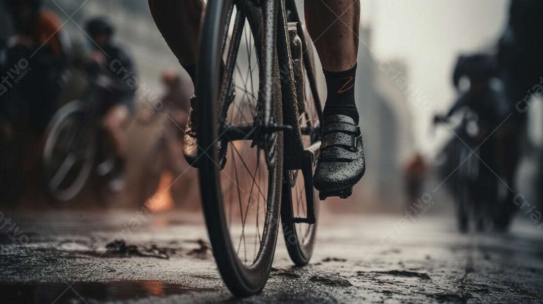 Ciclista pedalando em dia chuvoso
