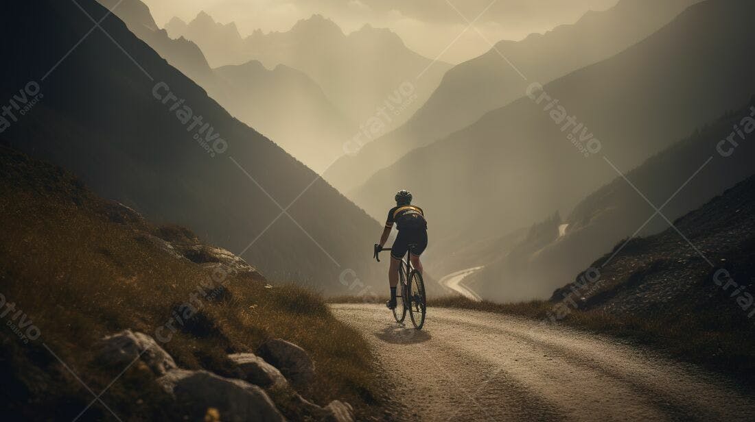Ciclista em estrada de montanha ao entardecer