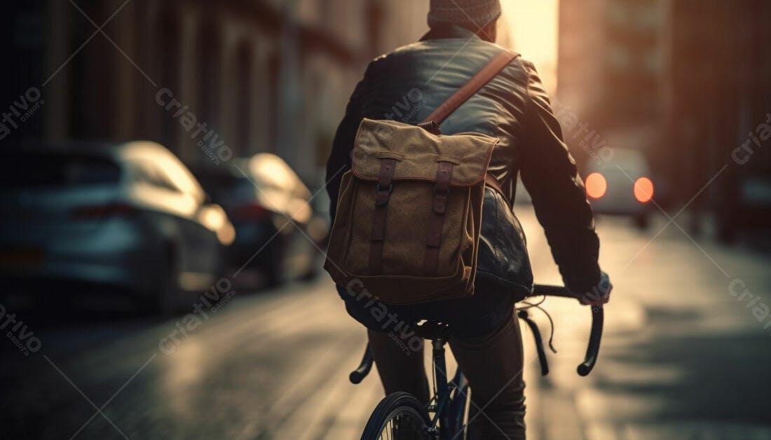 Homem pedalando bicicleta na cidade ao entardecer