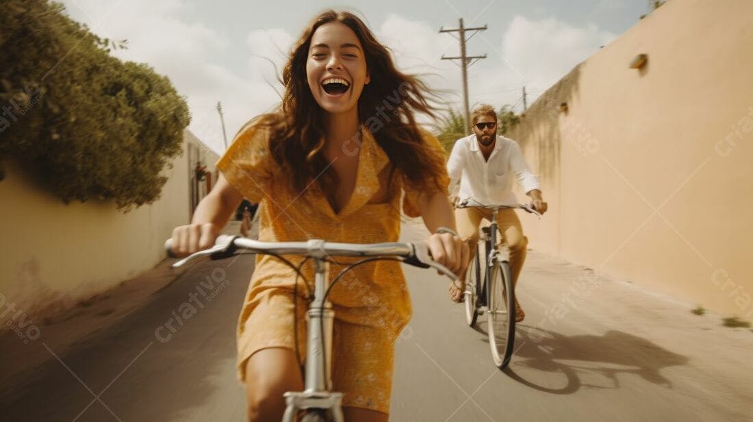 Casal feliz pedalando bicicletas em rua ensolarada