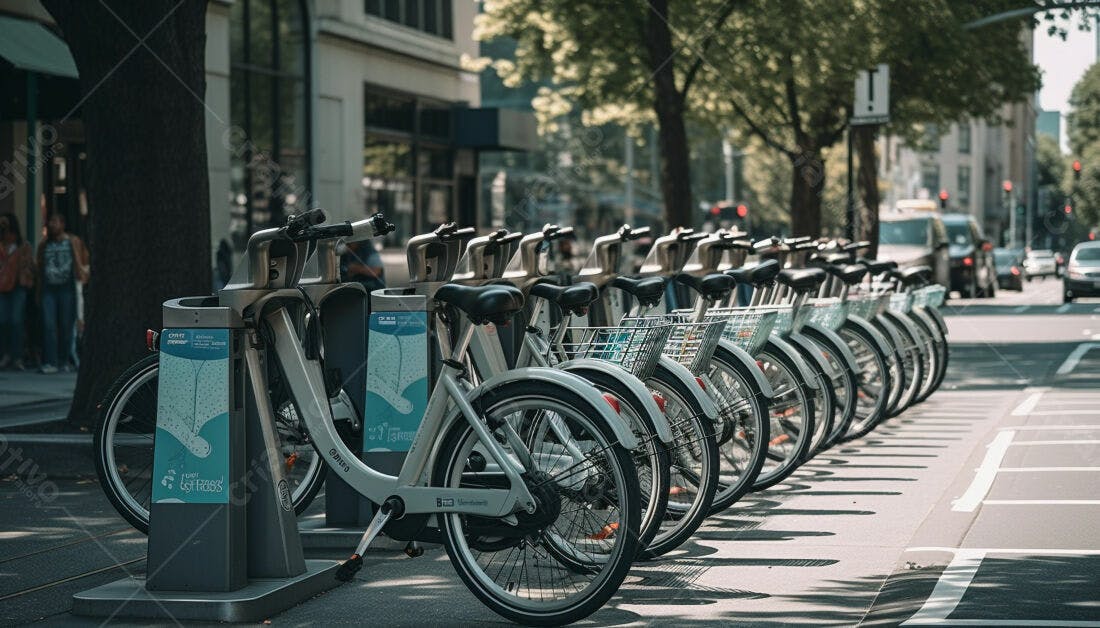 Bicicletas compartilhadas em fila na cidade