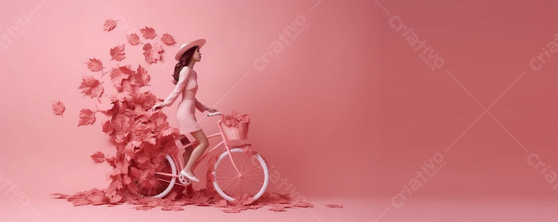 Mulher pedalando bicicleta rosa em cenário rosa