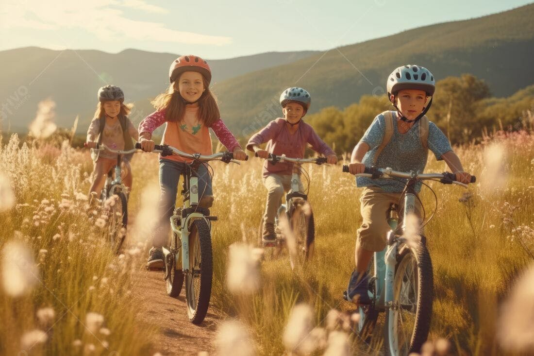 Crianças pedalando em trilha ensolarada