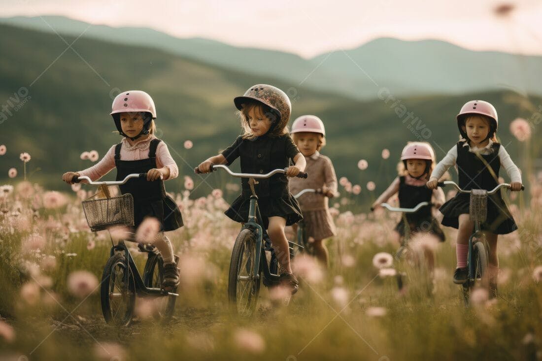 Meninas pedalando bicicletas em campo florido