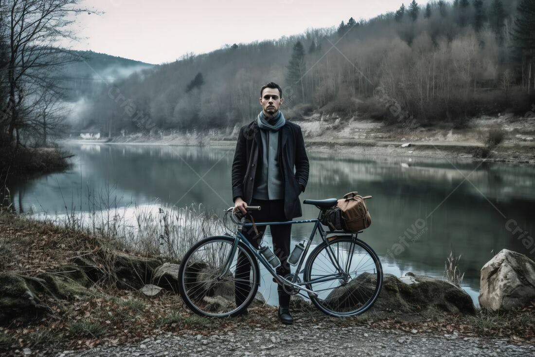 Homem com bicicleta em lago tranquilo