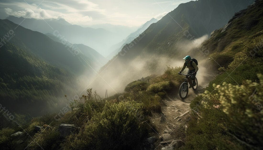Ciclista em trilha montanhosa poeirenta