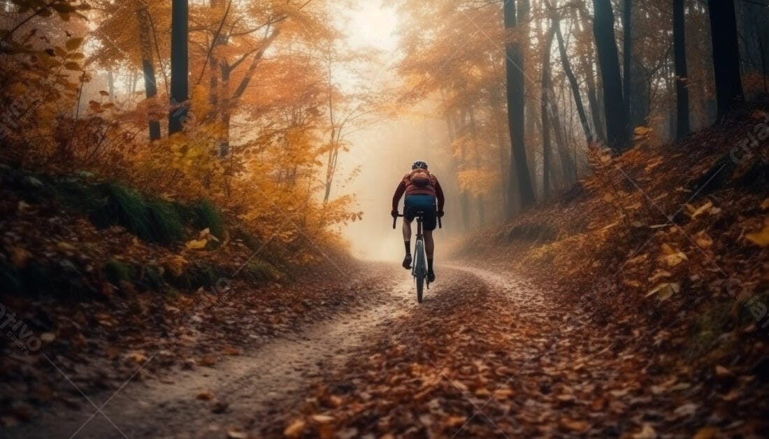 Ciclista pedalando em trilha de outono