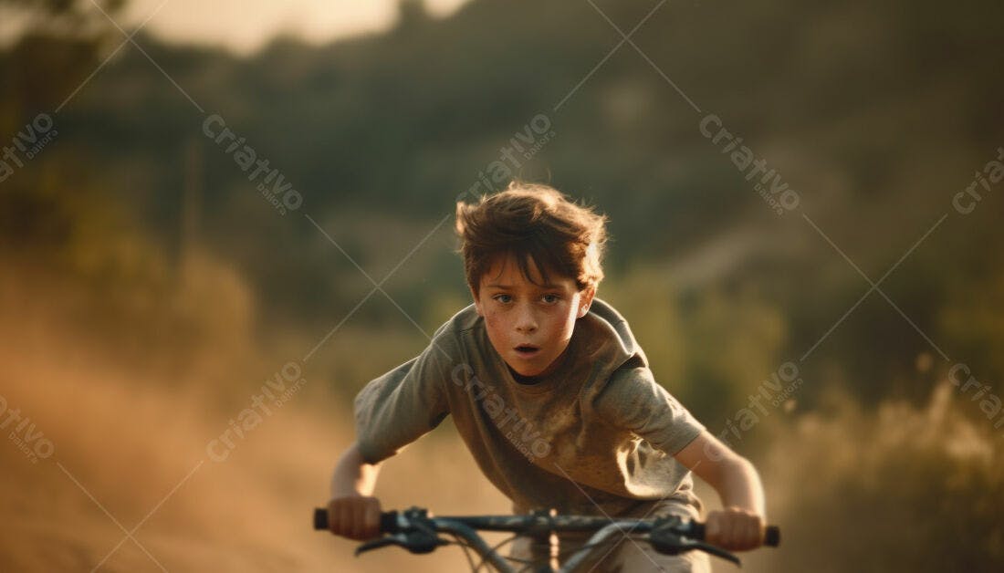 Menino sujo pedalando bicicleta em trilha poeirenta