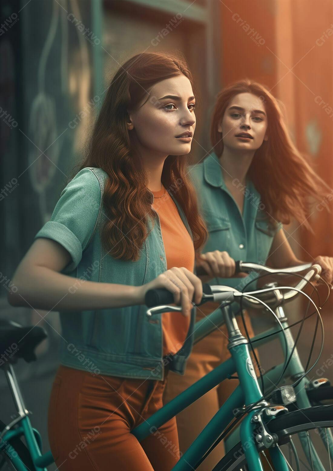 Mulheres jovens com bicicletas em tons laranja e azul