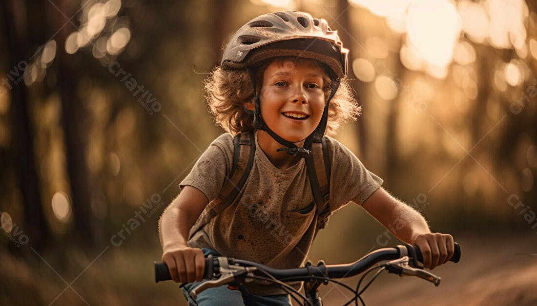 Menino feliz pedalando bicicleta na floresta ao entardecer