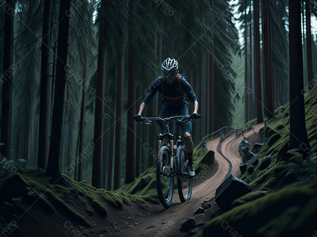 Ciclista em trilha na floresta escura