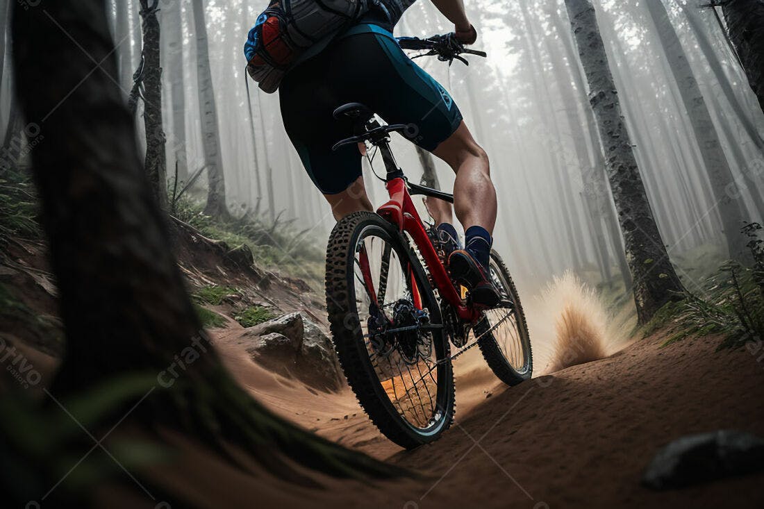 Ciclista em trilha na floresta nublada