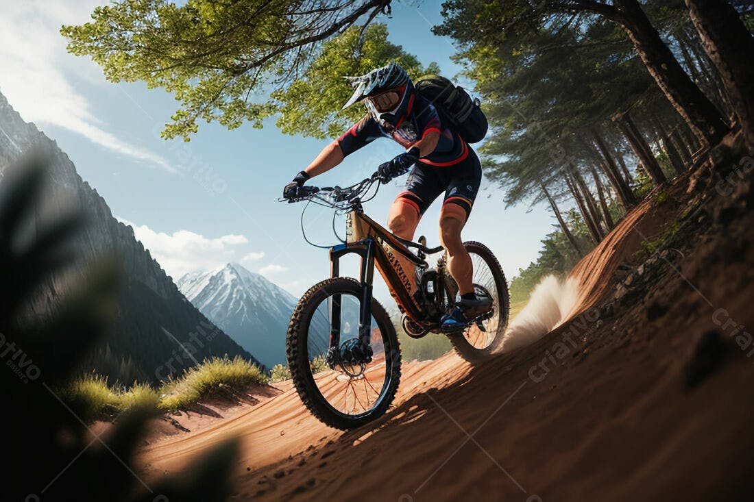 Ciclista em trilha montanhosa ensolarada