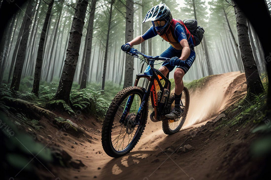 Ciclista de Mountain Bike em trilha na floresta