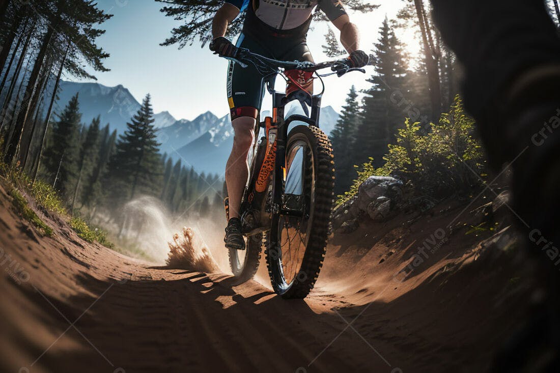 Ciclista em trilha montanhosa ensolarada