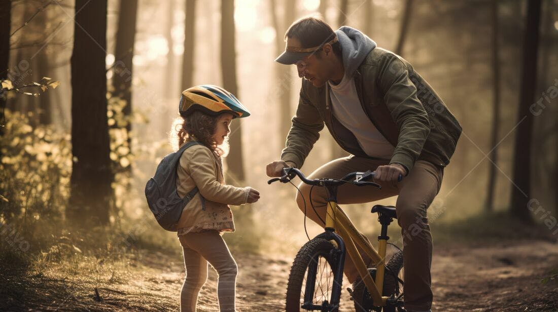 Pai e filha com bicicleta na floresta