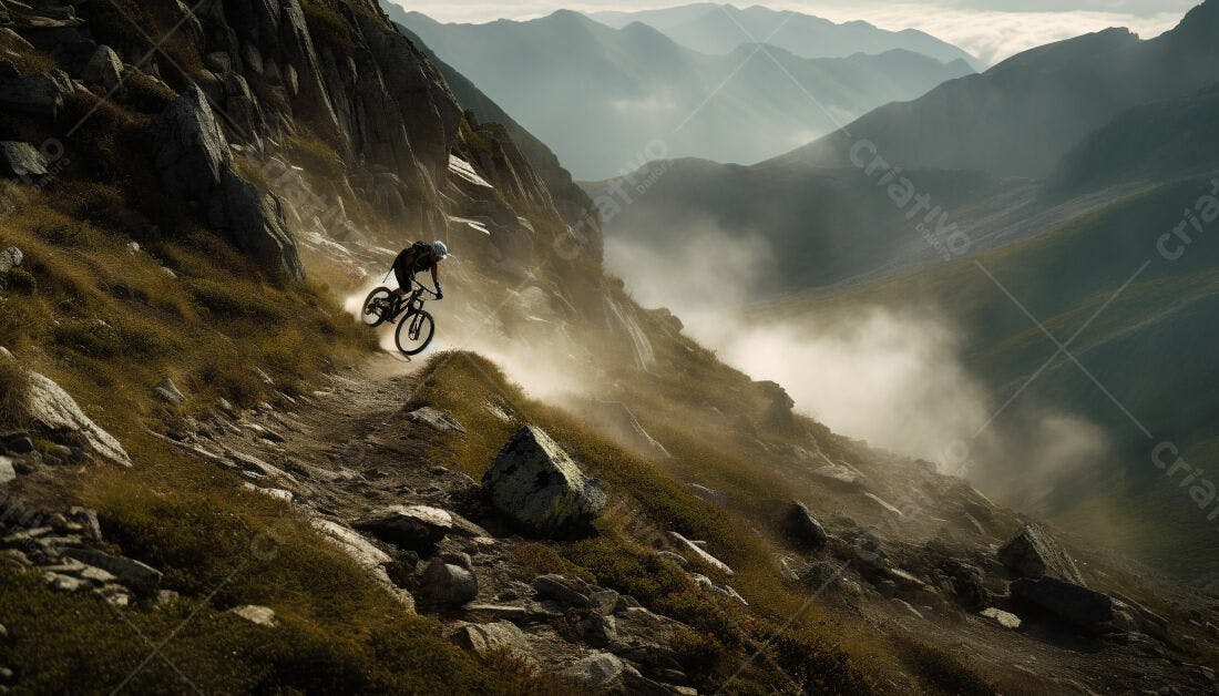 Ciclista em trilha montanhosa poeirenta