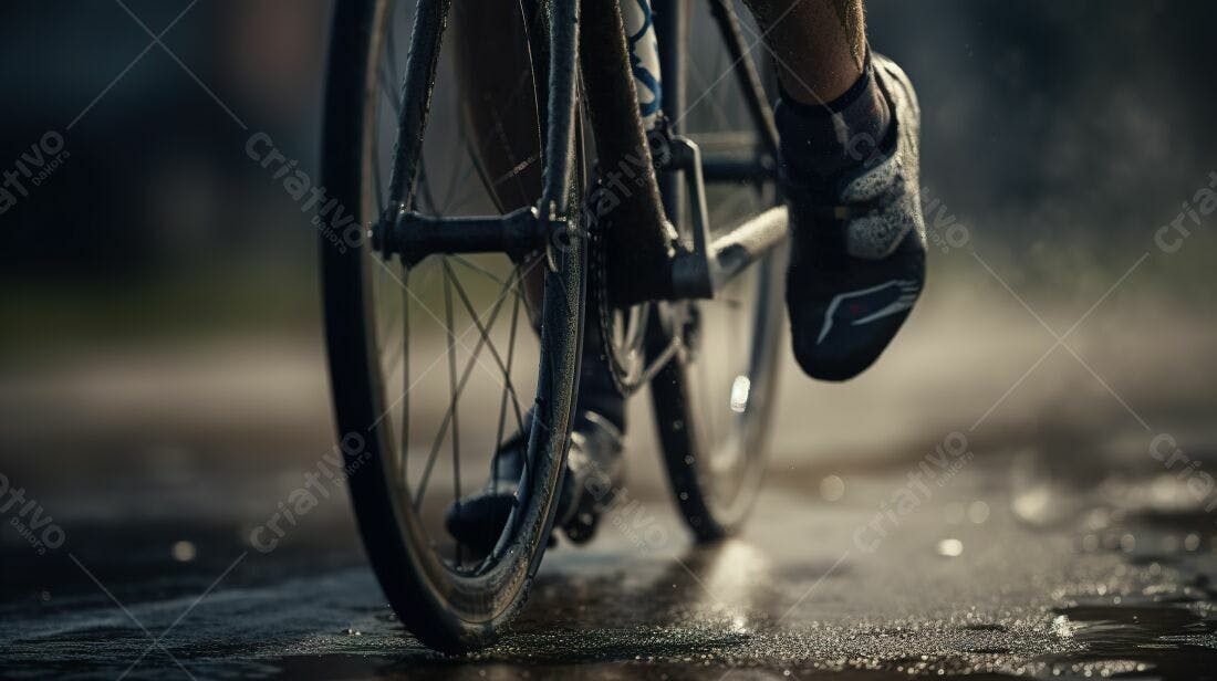 Ciclista pedalando em asfalto molhado