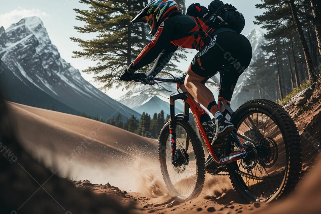 Ciclista em trilha montanhosa com neve ao fundo