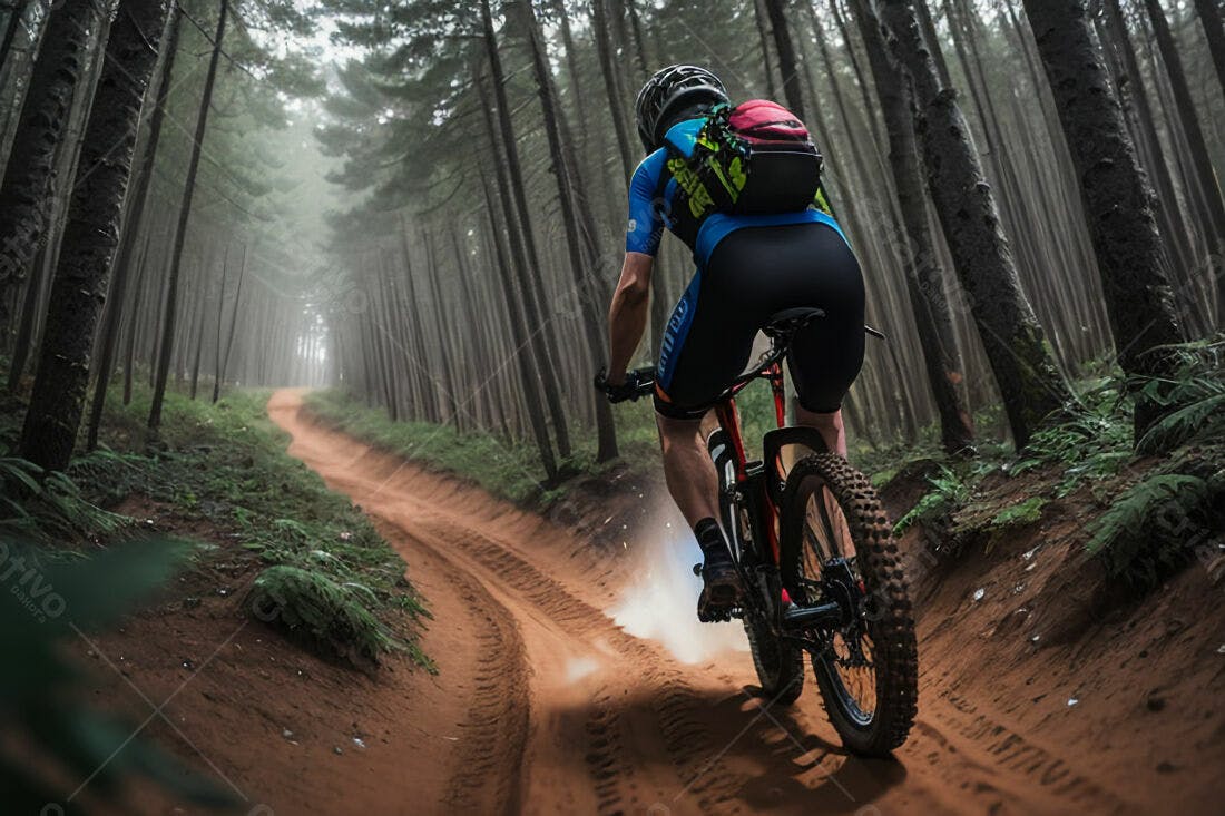 Ciclista em trilha de floresta nublada