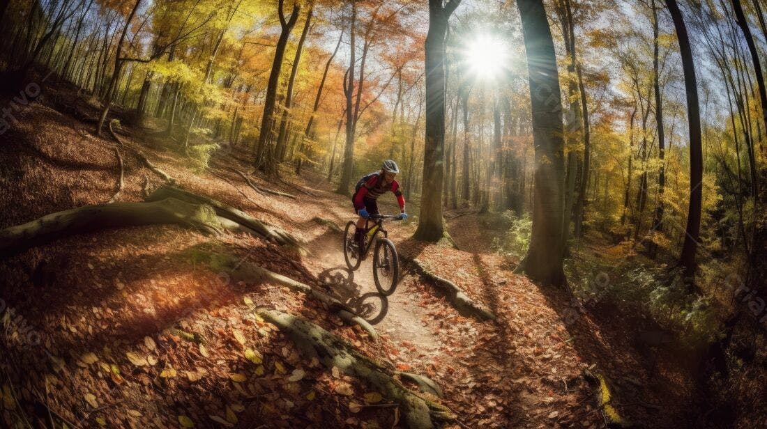 Ciclista em trilha de outono floresta