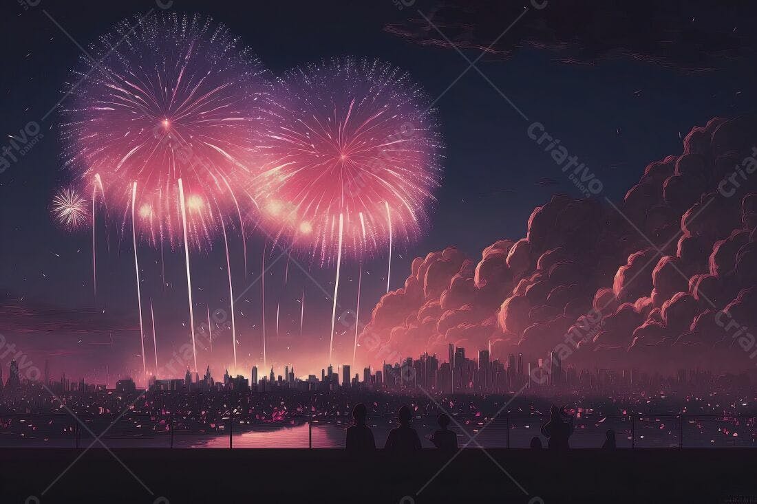 Fogos de artifício rosa sobre cidade noturna