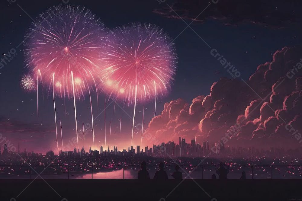 Céu De Fogos De Artifício Com Fundo De Cidade