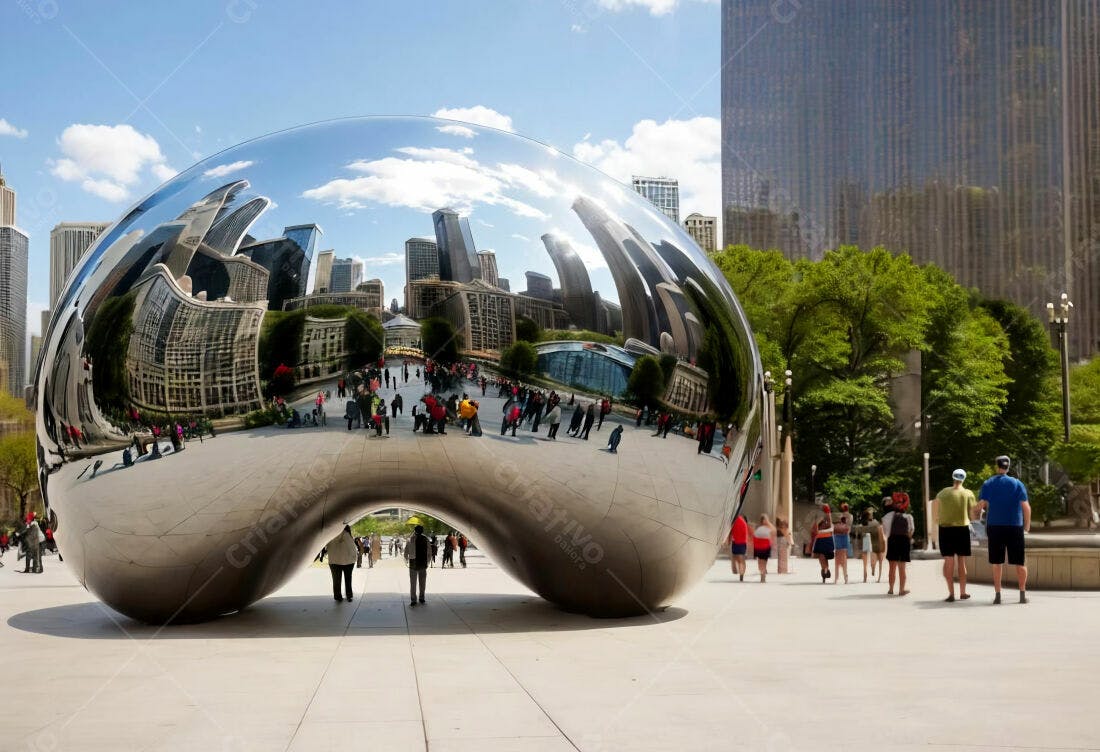 Escultura Cloud Gate refletindo Chicago