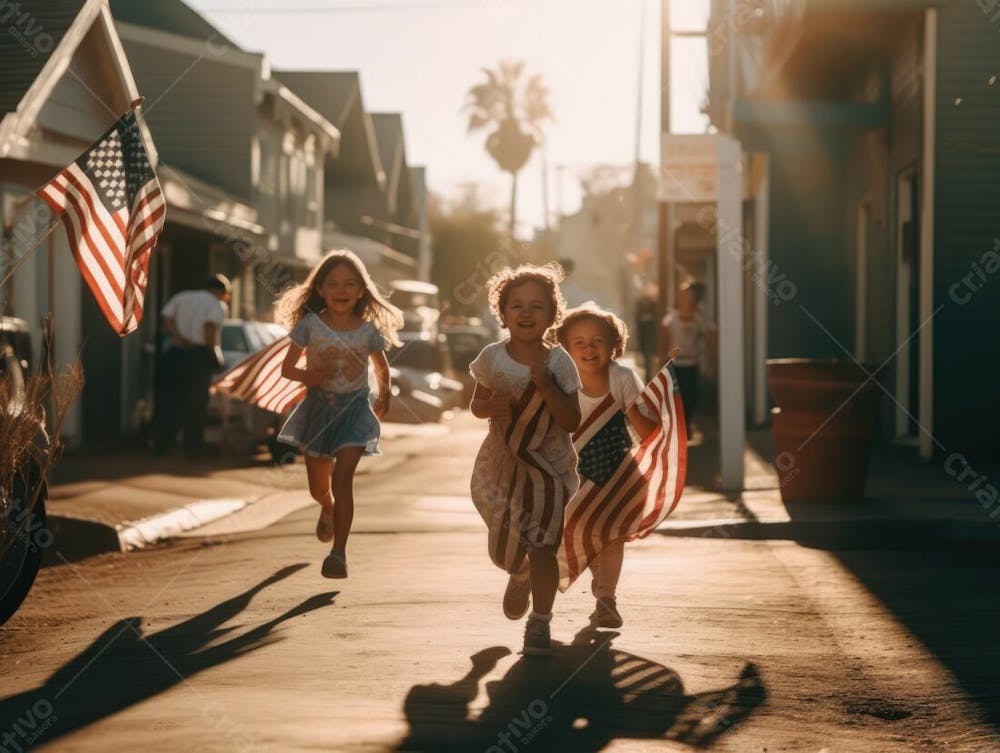 Crianças Correndo Com Bandeiras Americanas Comemorando O Dia Da Independência Ai Generative