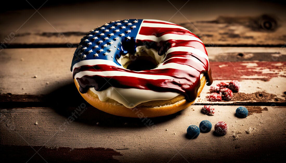 Donut com tema americano sobre madeira rústica