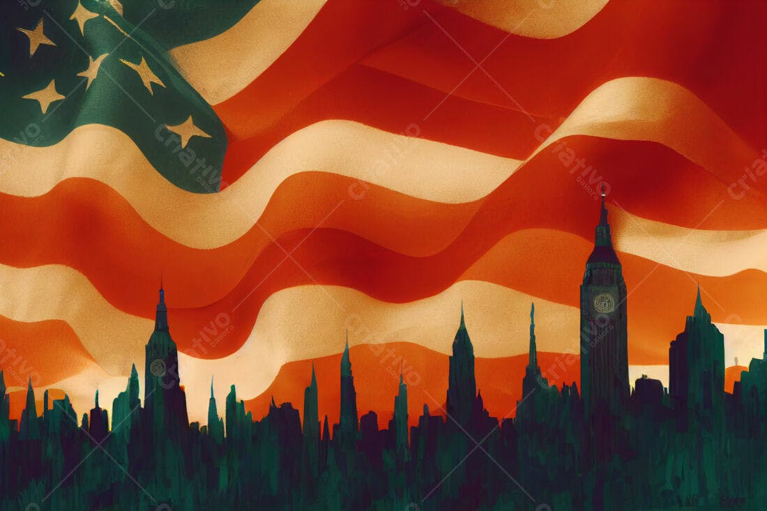 Silhueta de cidades com bandeira americana