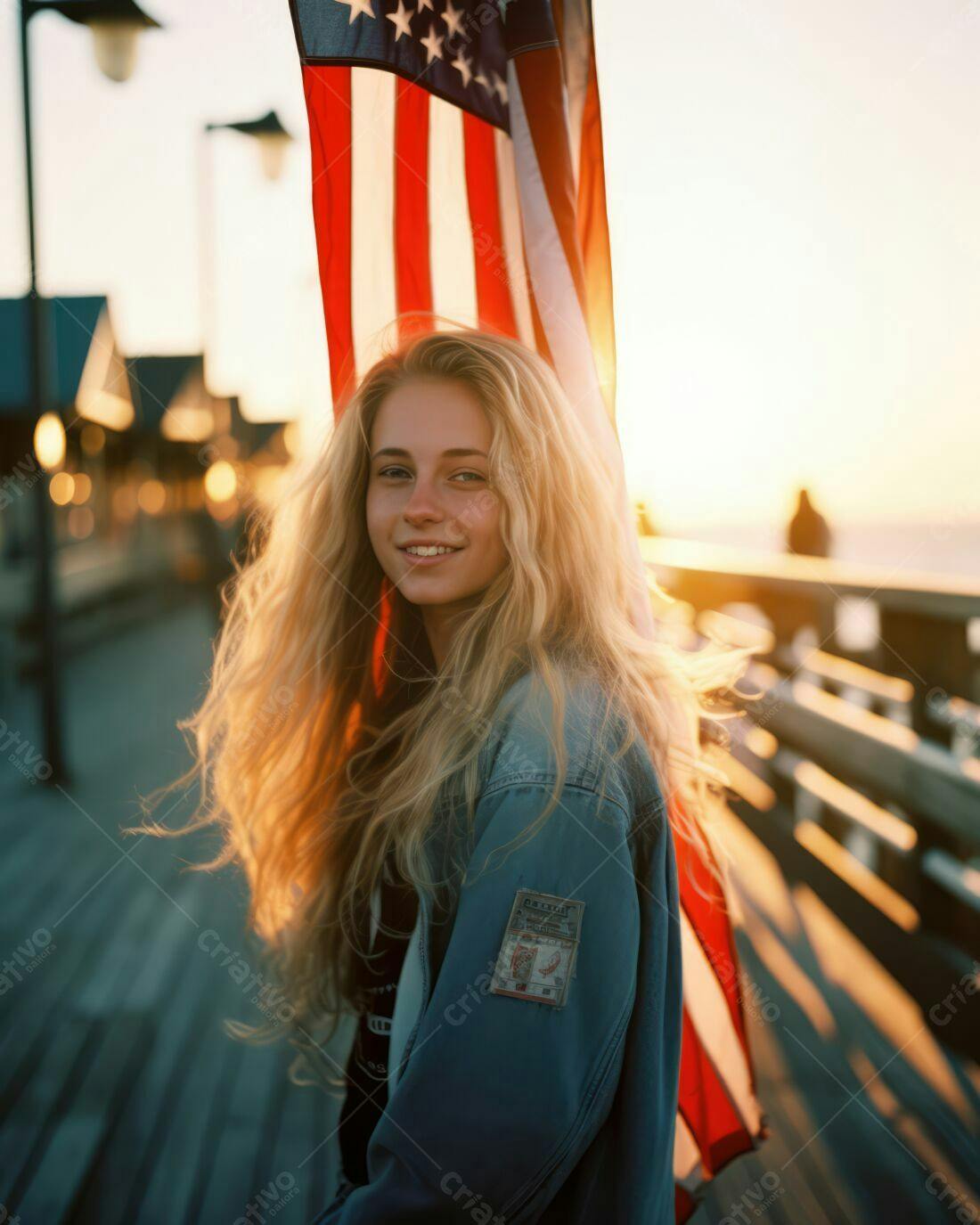 Moça loira com bandeira americana no pôr do sol
